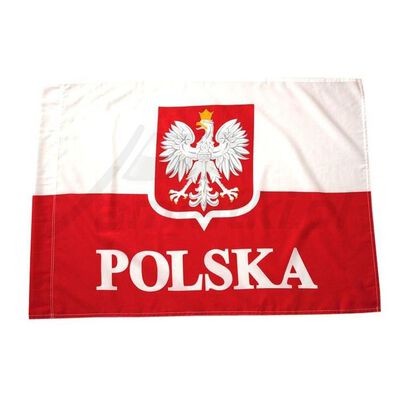 Polska - Flaga z godłem i napisem 120 x 75 cm